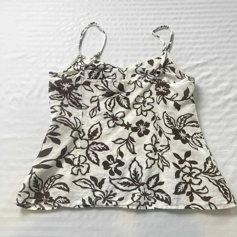 Bass Floral Linen Blend Cami Tank Top Brown Cream Boho Cottagecore Medium - Picture 8 of 10